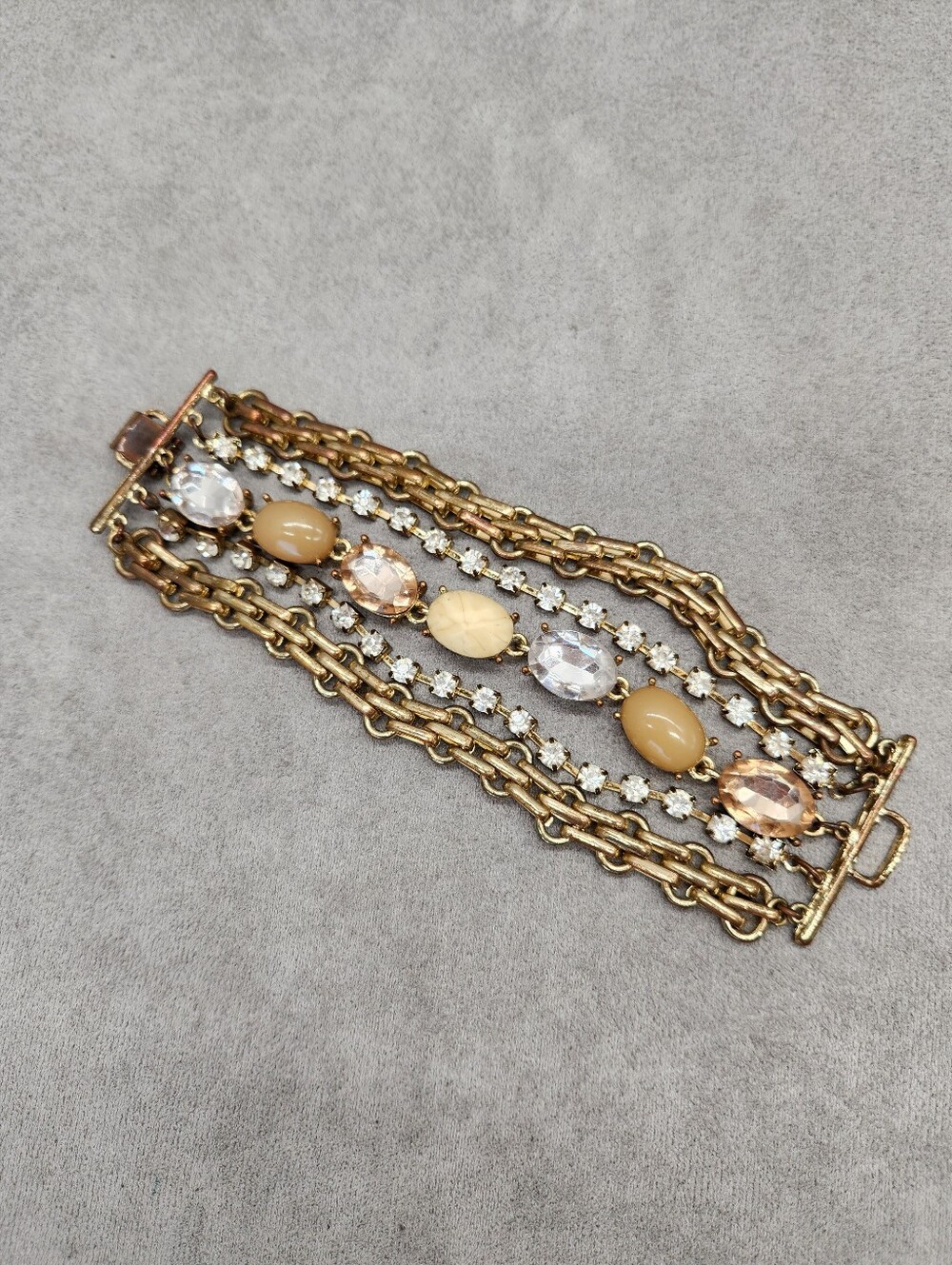 Vintage Statement Bracelet Metallic Bronze Wide Beaded Chains Jewel Chunky Boho